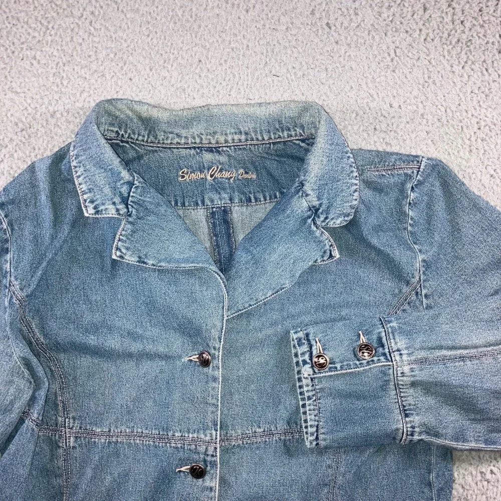 Vtg Simon Chang Denim Jacket Women 16 Button‎ Front Y2K Classic Minimalist